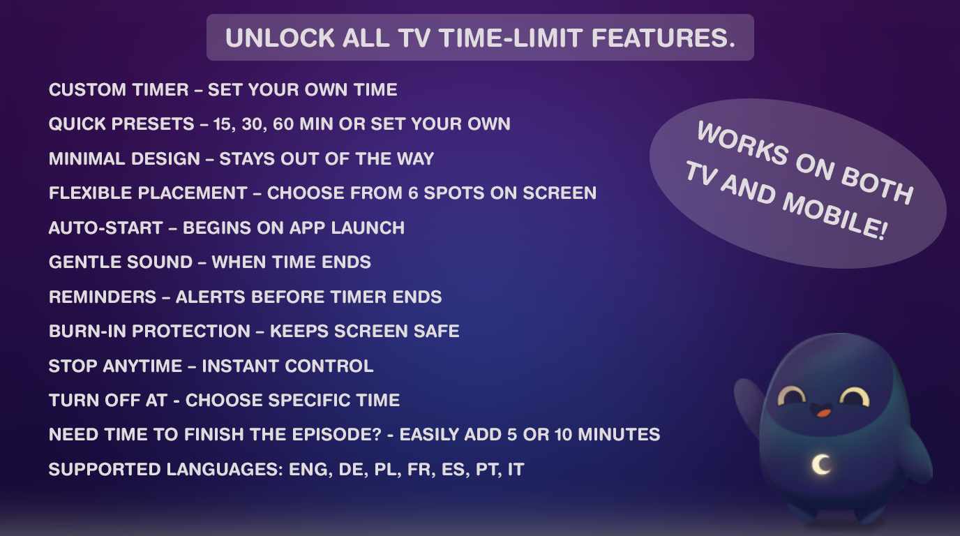 Sleep Timer for Android TV – full features overview: timer presets, overlay styles, parental controls, OLED protection, and Pro upgrade options