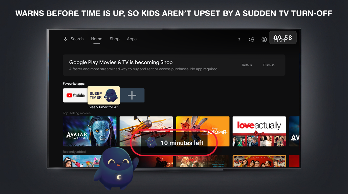 Sleep Timer countdown warning screen shown on Android TV before the timer expires and TV powers off